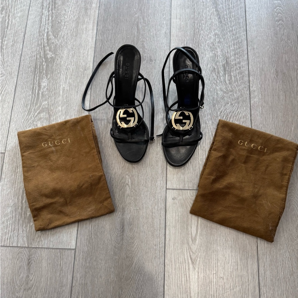 Gucci Black Strappy Heels with Gold Accents